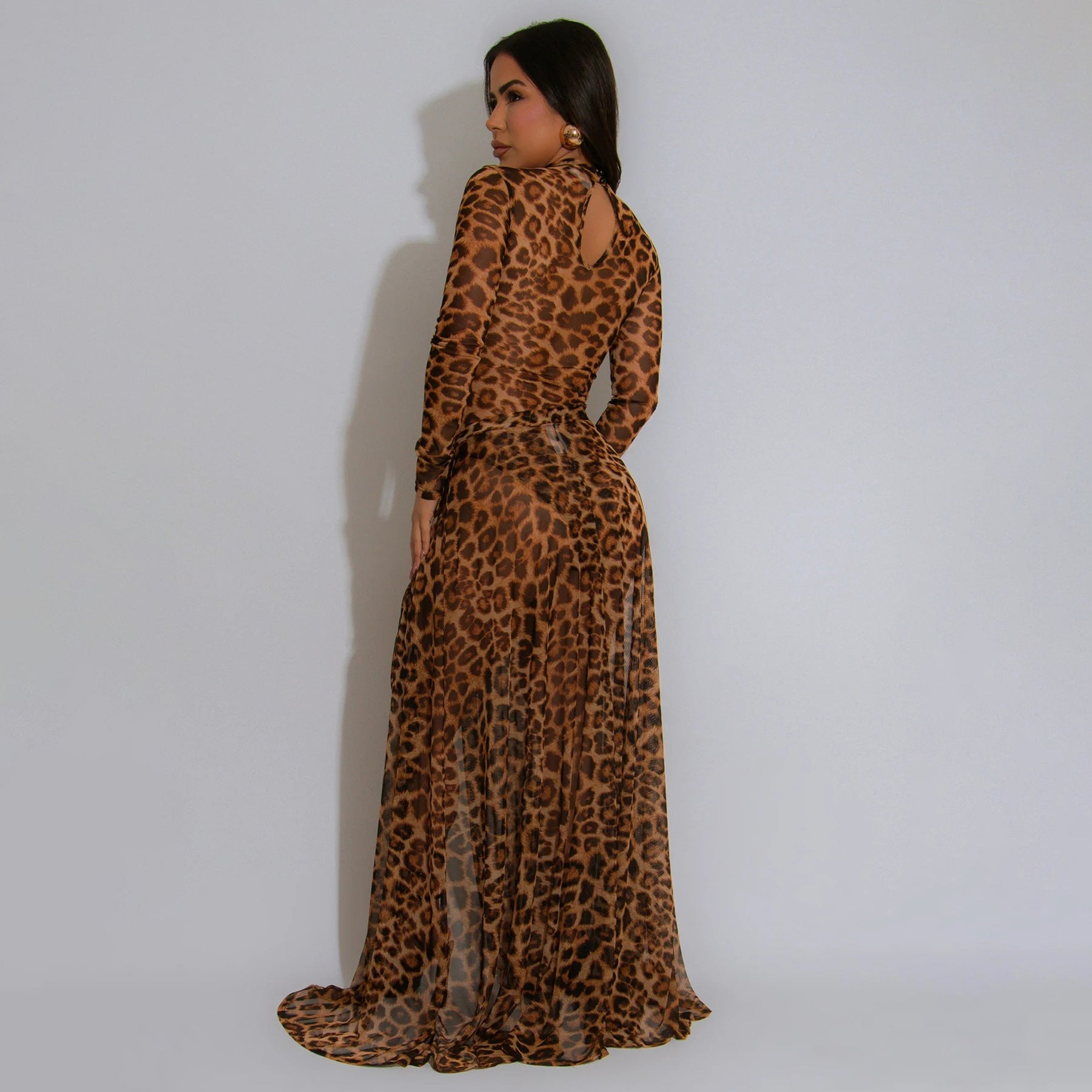 Women Sexy Leopard Print See-Through Bodysuit and Slit Skirt Two-Piece Set 32