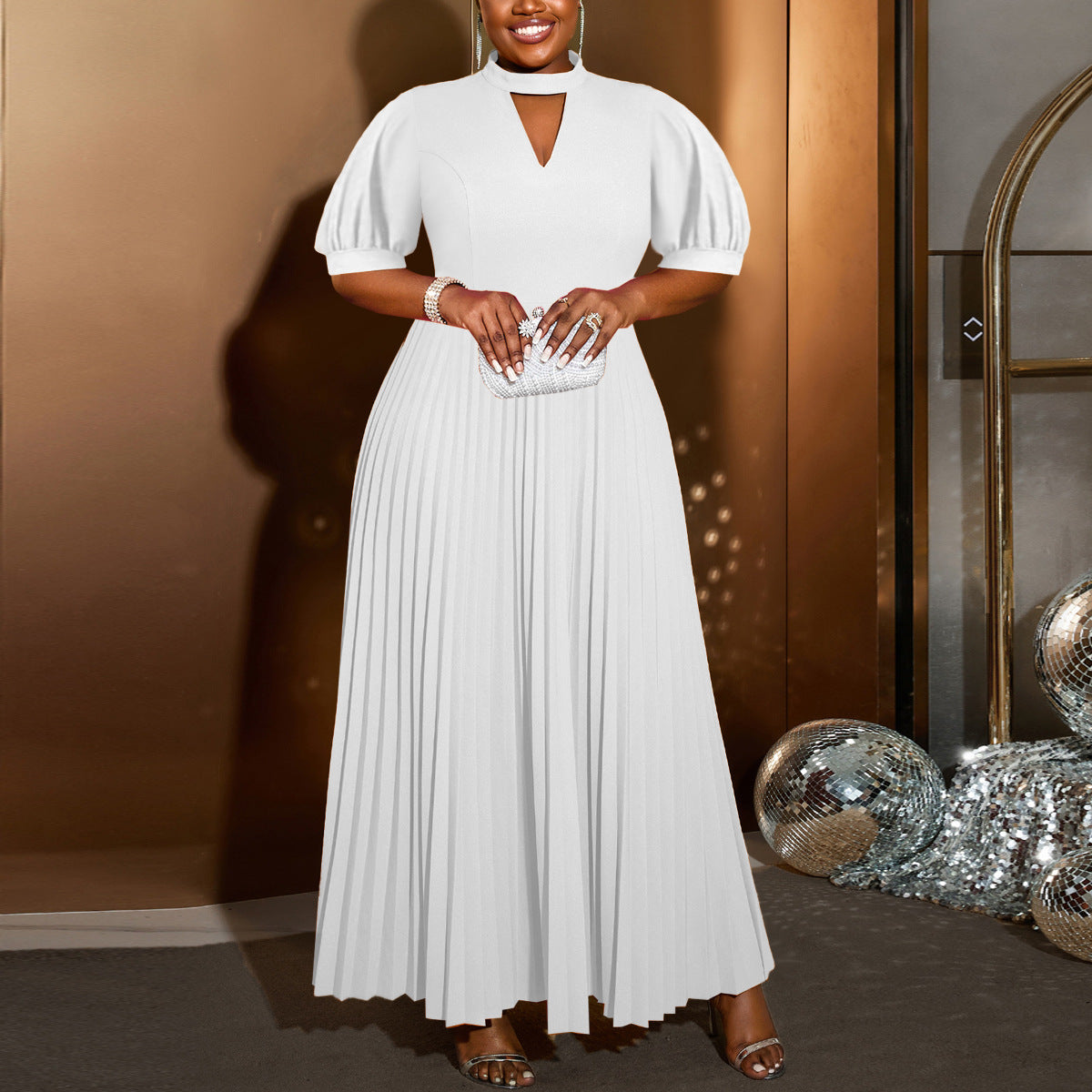 Plus-Size Women Half-Tall Neck Hollow Puff Short-Sleeved Party Pleated Dress 4