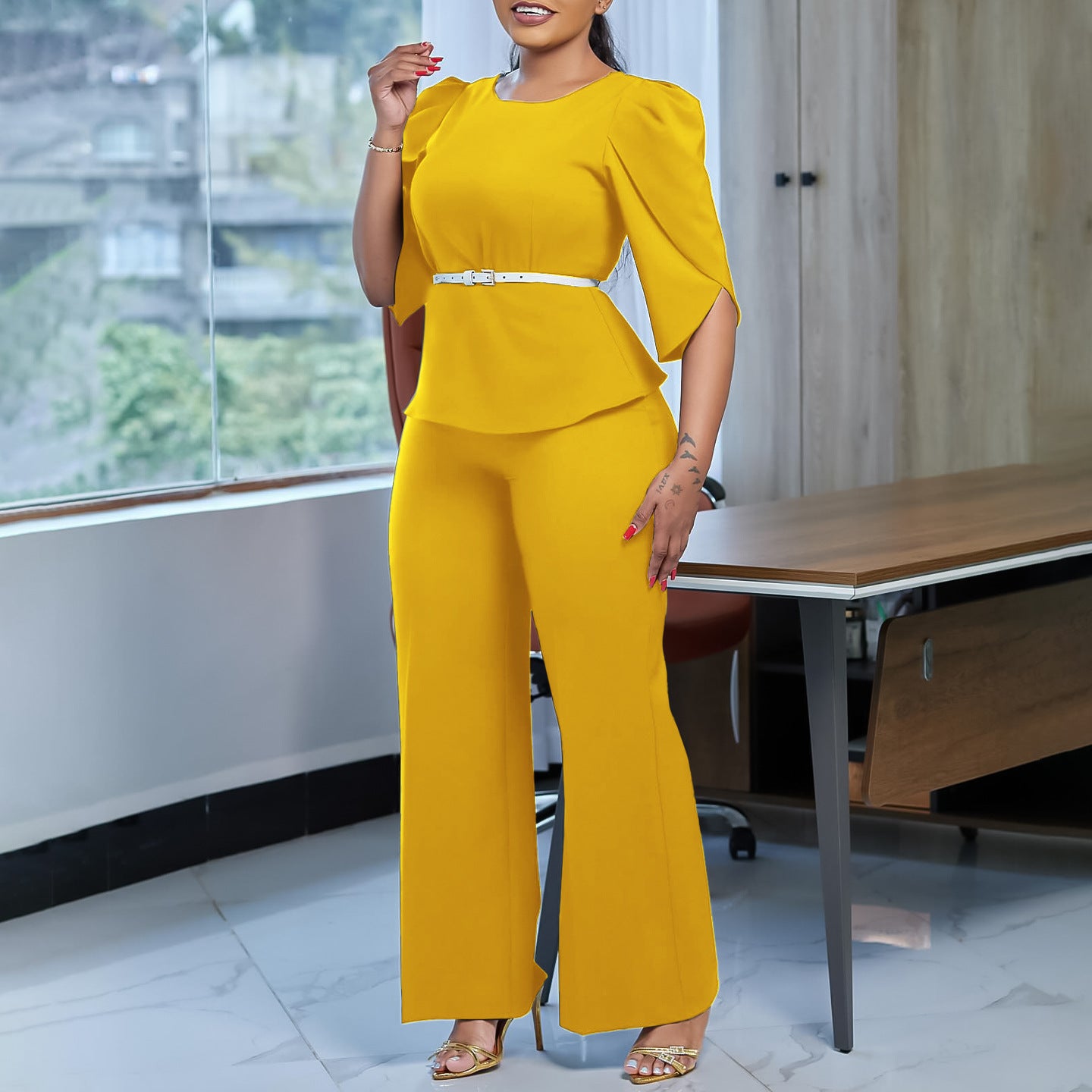 Women Elegant Solid Top and Wide Leg Pants Two-Piece Set 7