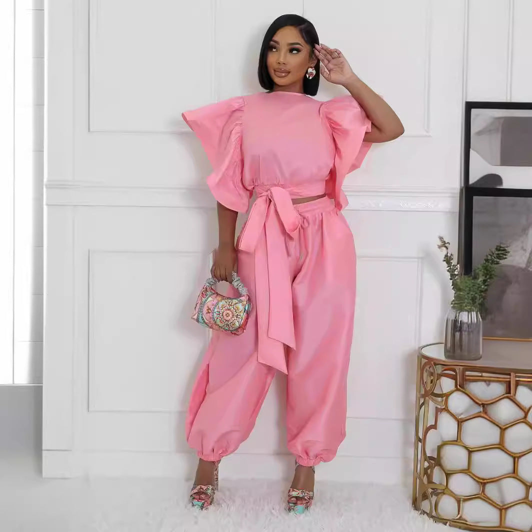 Women Ruffle Edge Sleeve Lace-Up Top and Elastic Pants Two-piece Set 4