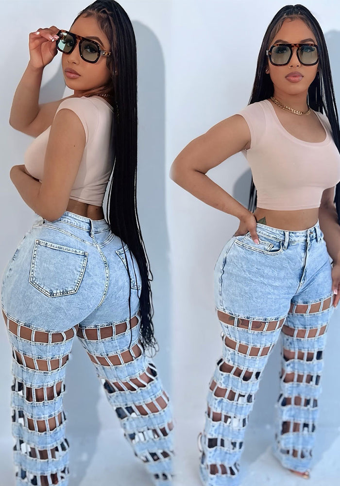 Ripped Denim Street Fashion Hollow High-Waist Straight Pants for Women
