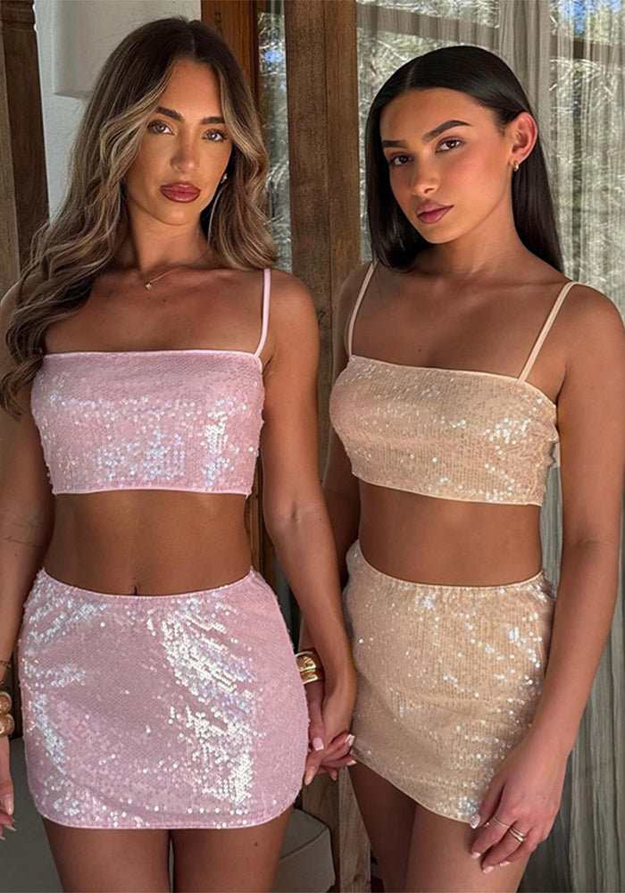 Women Summer Sexy Sequin Suspender Top and Skirt Two-piece Set