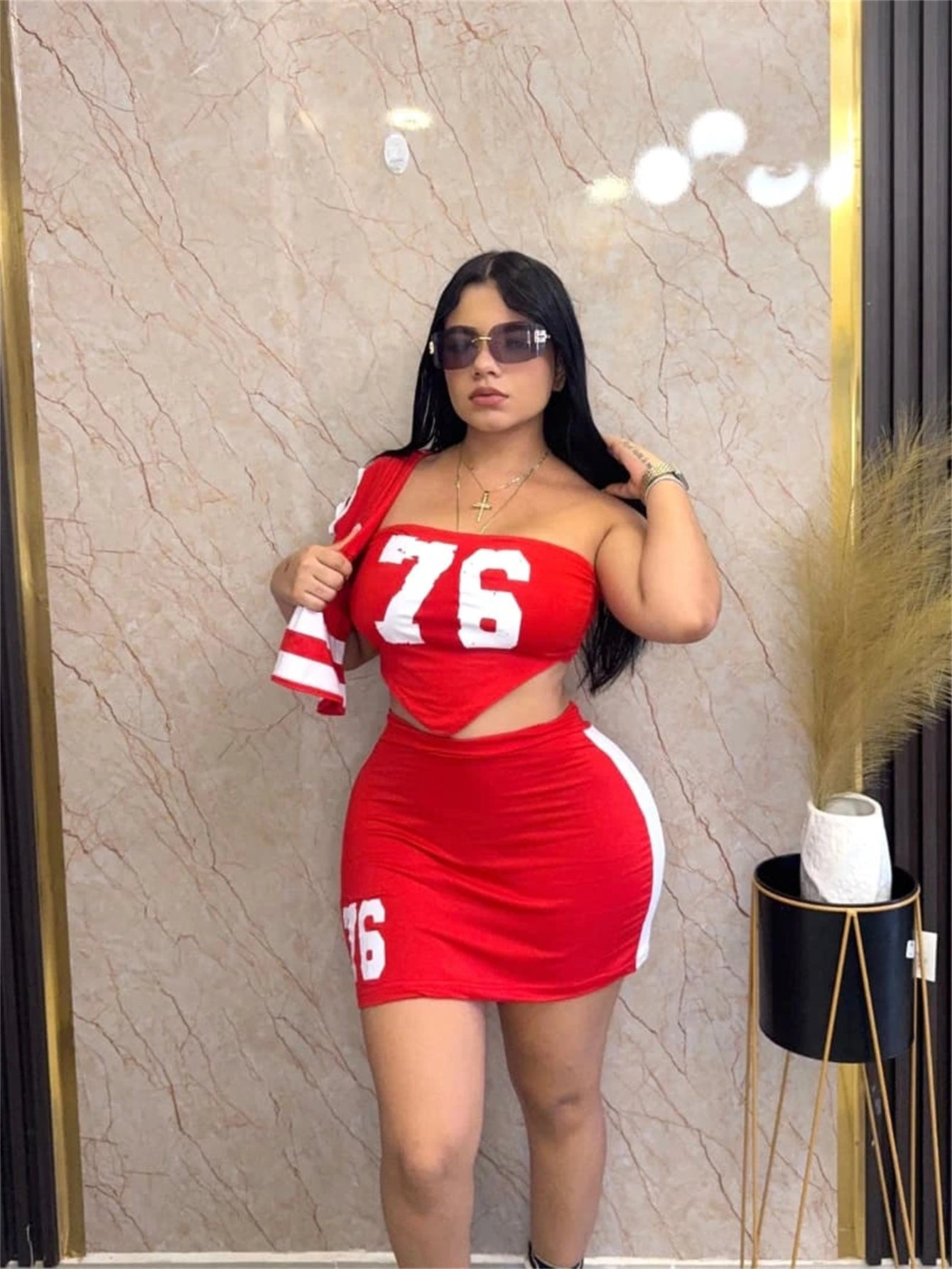 Spring Summer style women's clothing print Cape Strapless Crop top Bodycon short skirt set 4