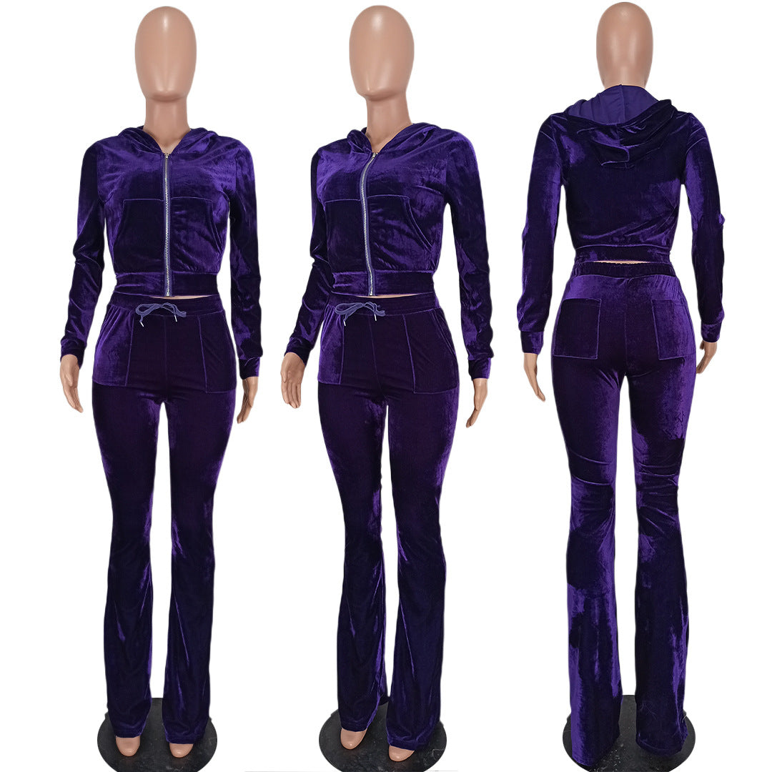 Women's Solid Velvet Casual Zipper Hoodies Wide Leg Pants Two Piece Set 53