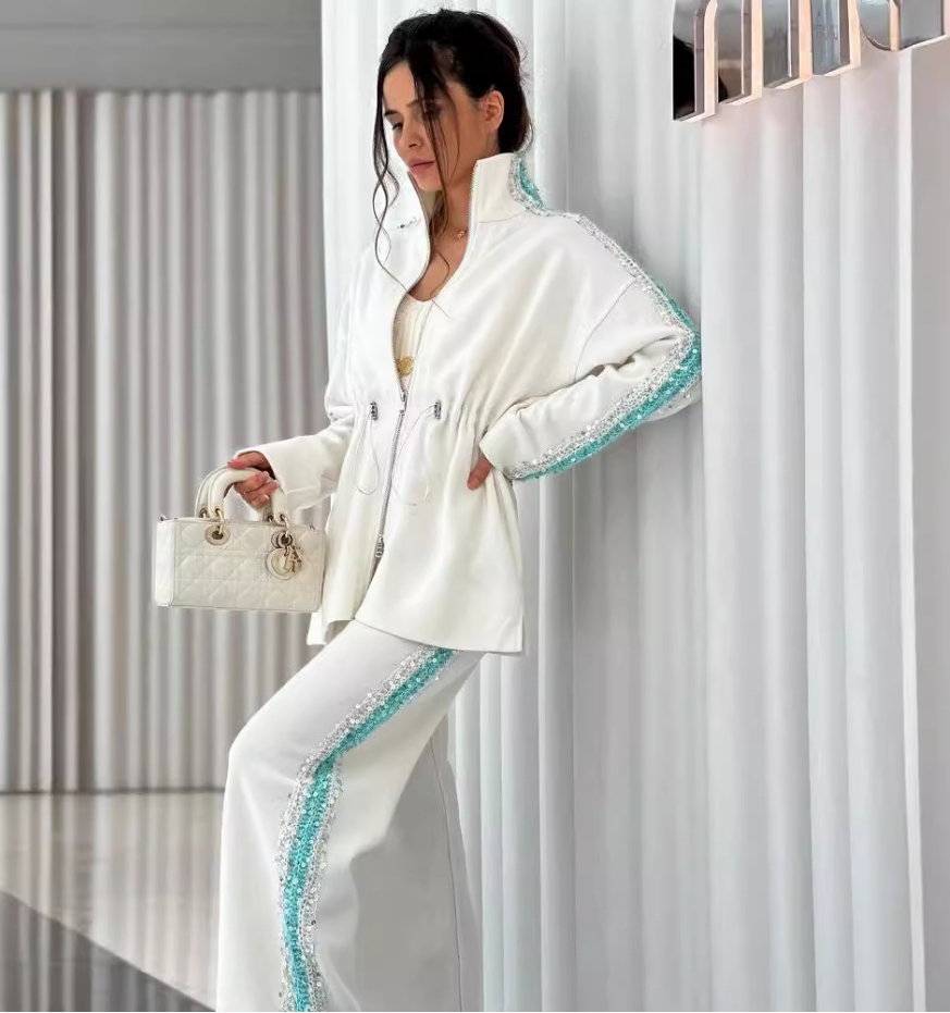 Autumn Fashion Drawstring Slim Waist Top Wide Leg Trousers Two-Piece Set