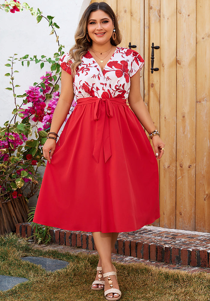 Plus Size print Patchwork red short-sleeved dress