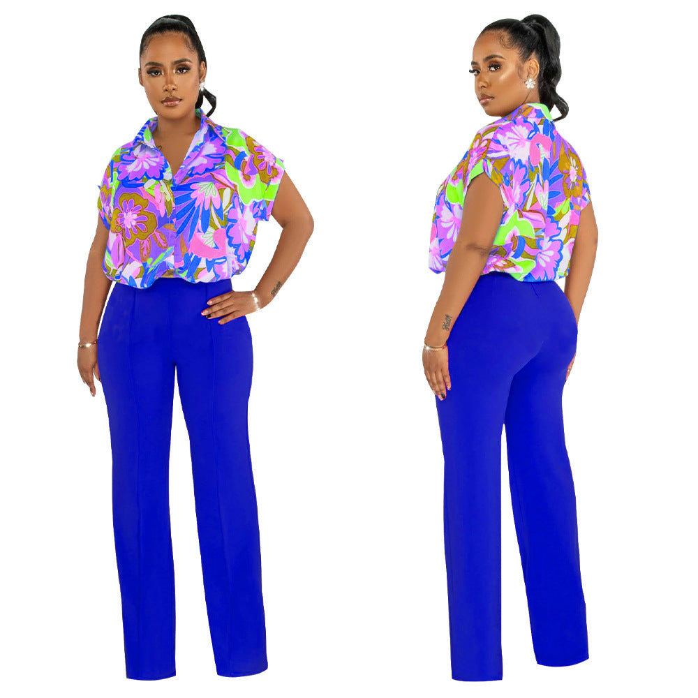Women's Fashion Summer Printed Shirt Straight Leg Pants Suit For Women 6