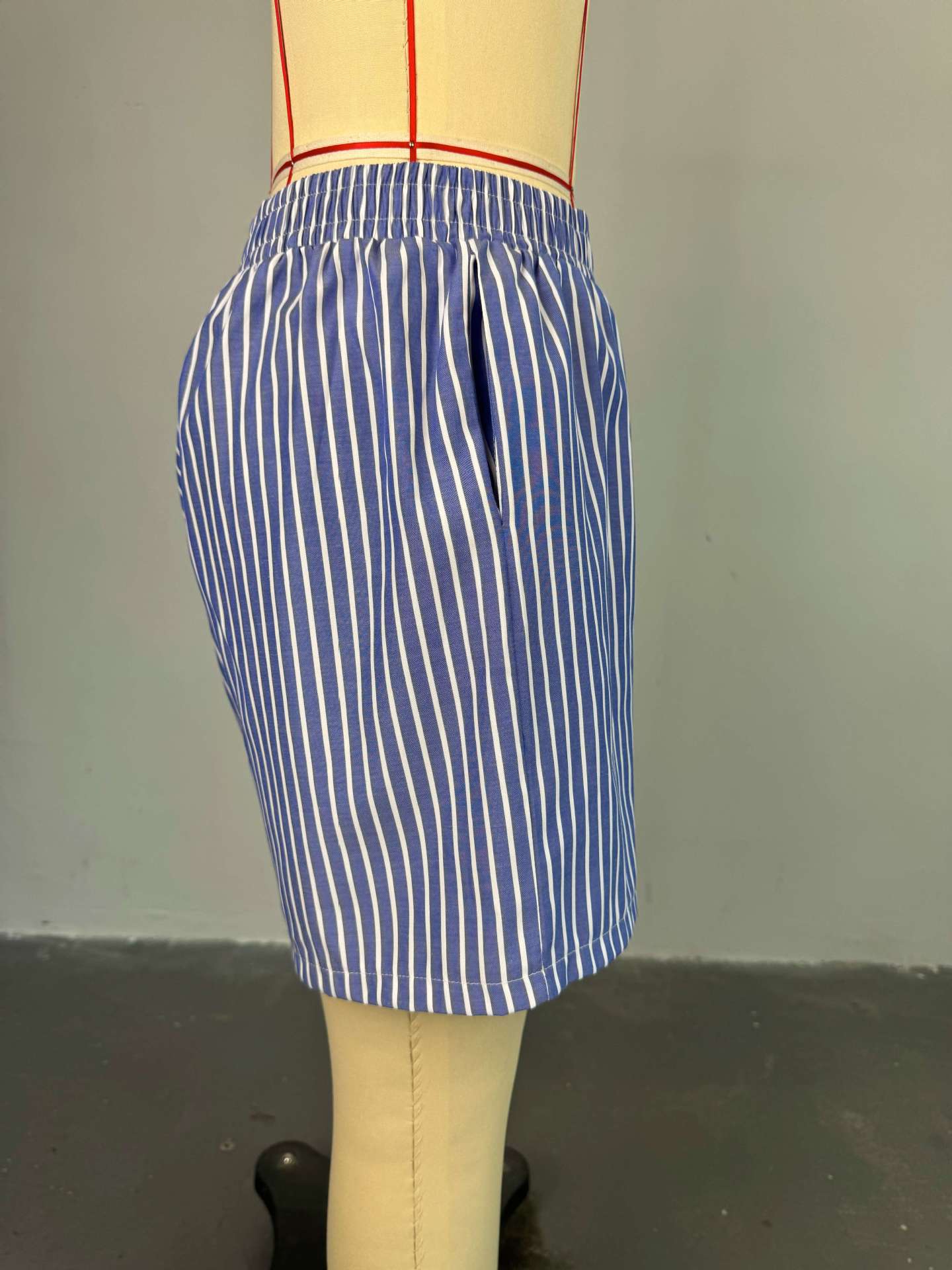 Women Summer Blue and White Striped Shirt Wide Leg Shorts Two Piece Set 4