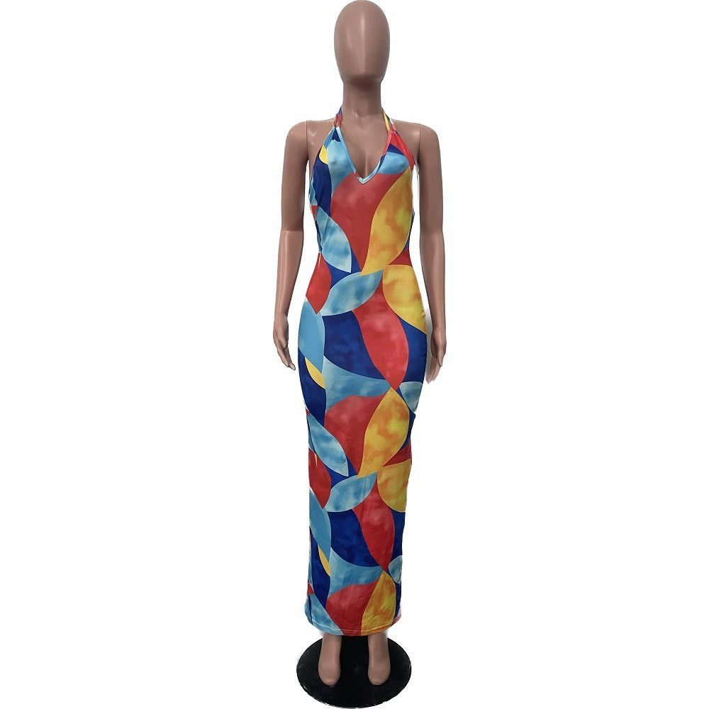 Women's Fashion Digital Print Halter Neck Maxi Dress 4