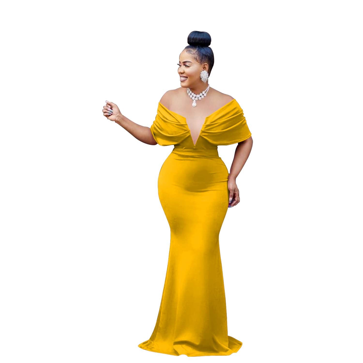 Women's Fashion Solid Color Off Shoulder Deep V Low Back Mermaid Dress 14