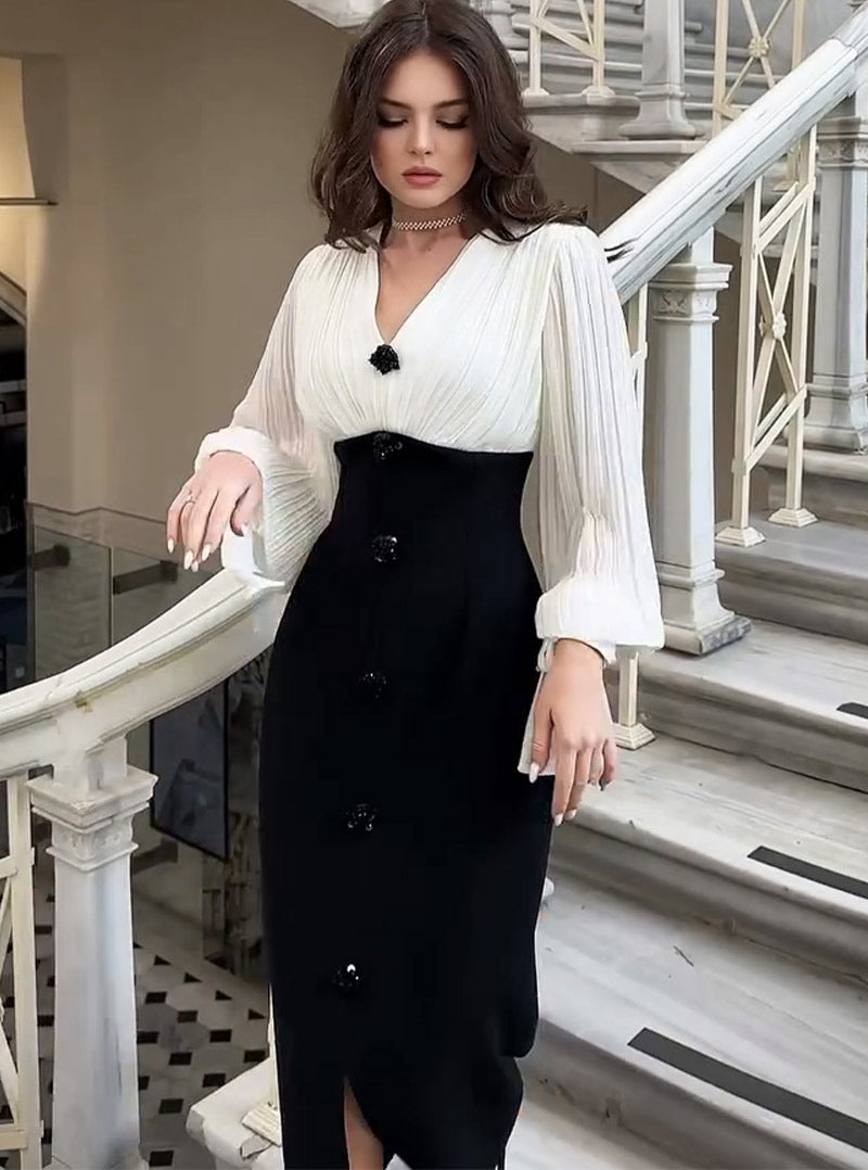 Women Autumn Sexy Style Elegant Colorblock Dress 4