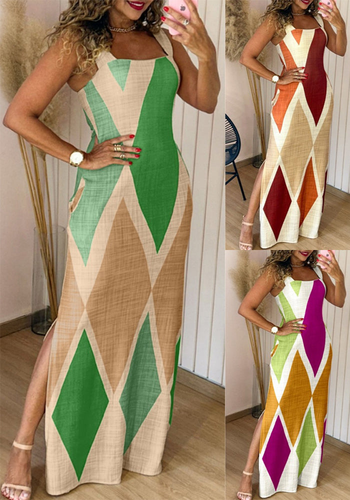 Women summer sleeveless contrast color sexy slit dress