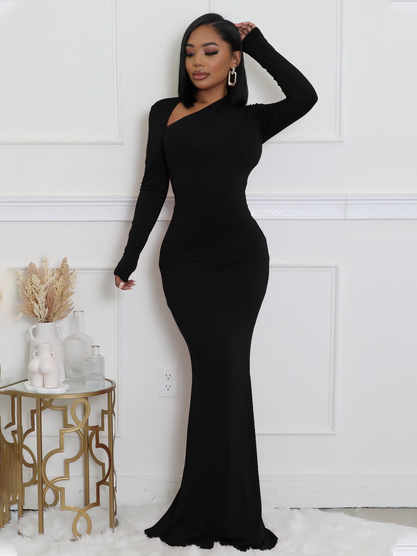Women Solid Long-Sleeve Slash Shoulder Fishtail Bodycon Dress 3