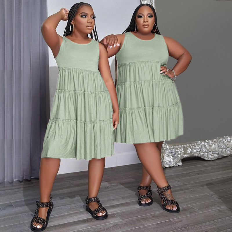 Summer Solid Round Neck Sleeveless Casual Women's Fashion Pleated Casual Dress 4