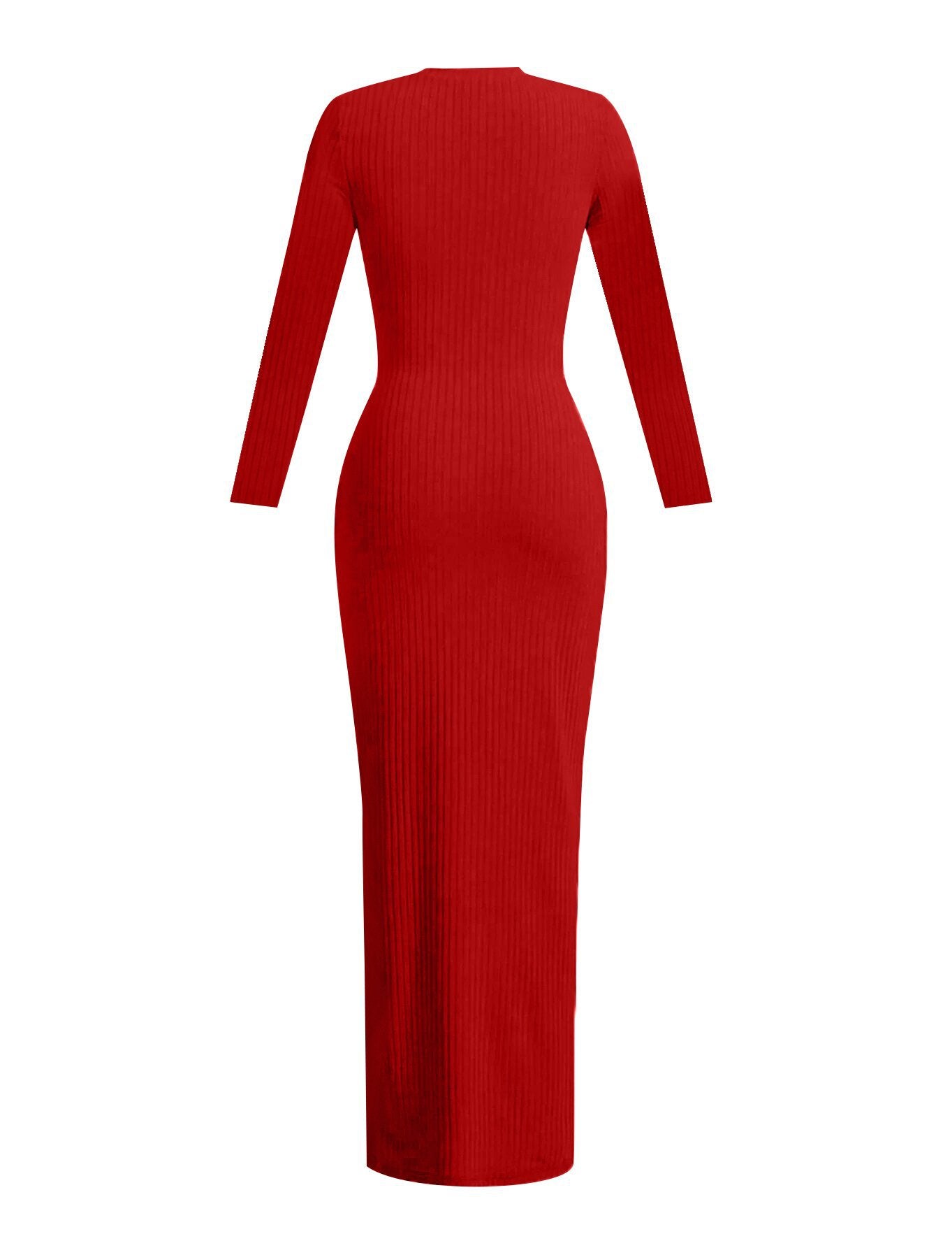 Women knitting Ribbed Solid Round Neck Long Sleeve Bodycon Dress 9