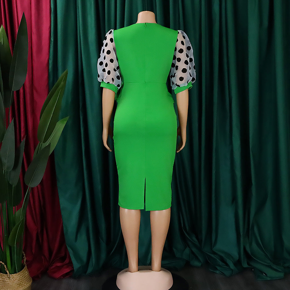 Women Summer mesh flocked puff sleeves V-neck Bodycon dress 34