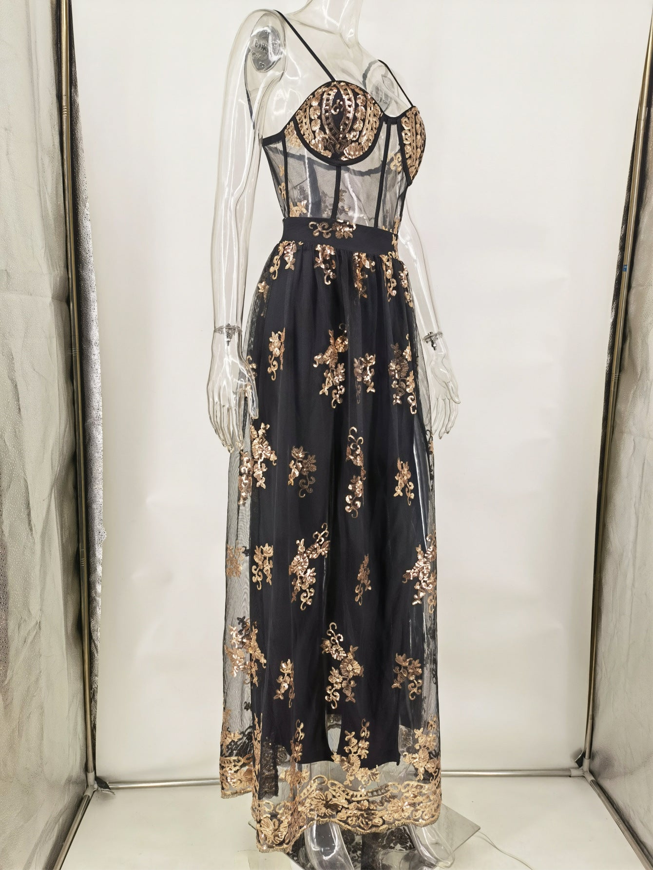 Sexy See-Through Green Sequin Dress Women's Maxi Evening Gown 12