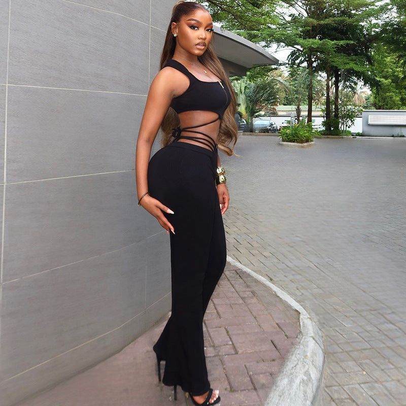 Women sexy black sleeveless Top Lace-Up Pants two-piece set 3