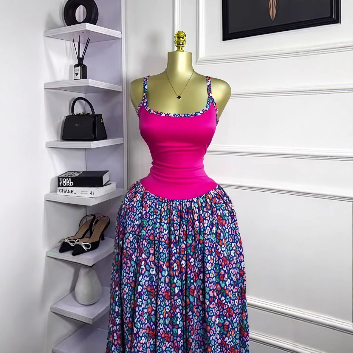 Women's Summer Sleeveless Print Sexy Strap Pleated Long Dress