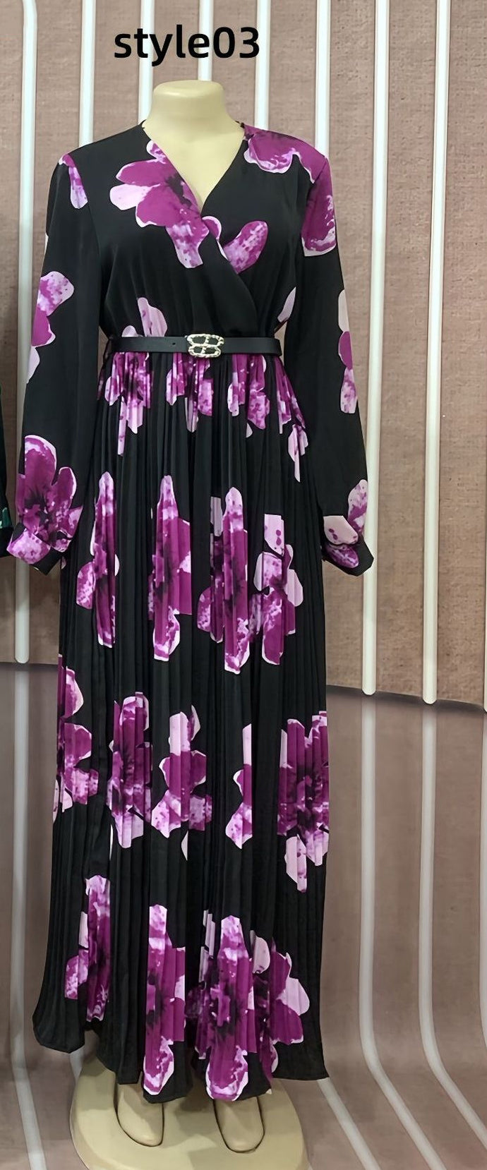 African Women Printed V-neck Long Sleeve Chiffon Dress with Belt 4