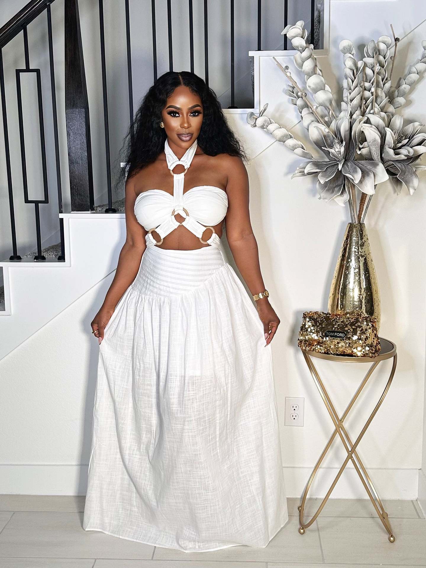 Fashion Women's Strap Halter Neck Padded Strapless Top Maxi Skirt Two-Piece Set 3