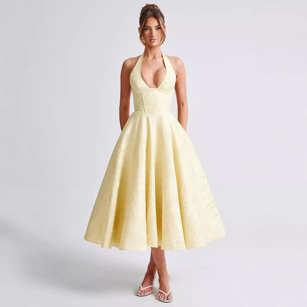 V Neck Halter Neck Jacquard Lace Long Dress Slim Waist Holiday Gown 4