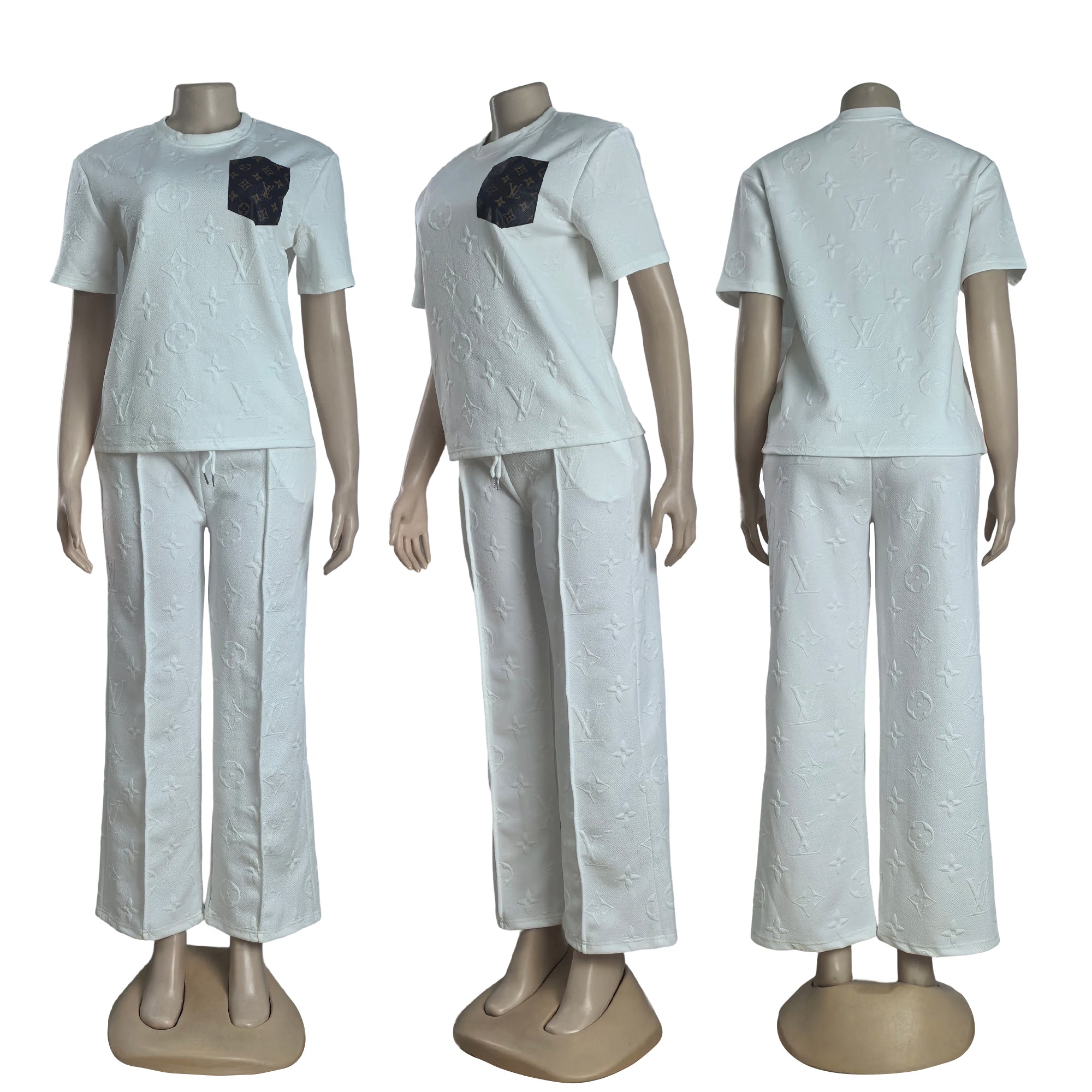 Women casual Pu-Leather pocket short-sleeved top and long pants jacquard two-piece set 14