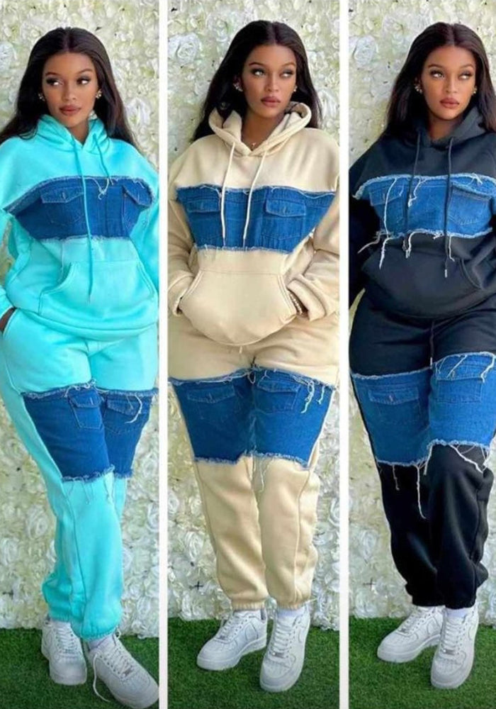 Women Irregular Color-contrast Patchwork Denim Hoodies