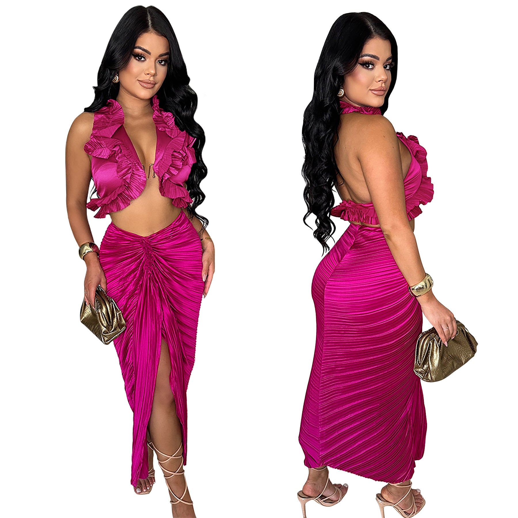 Fashionable Women's Solid Color Sleeveless Ruffled Halter Top Slit Pleated Skirt Two Piece Set 4