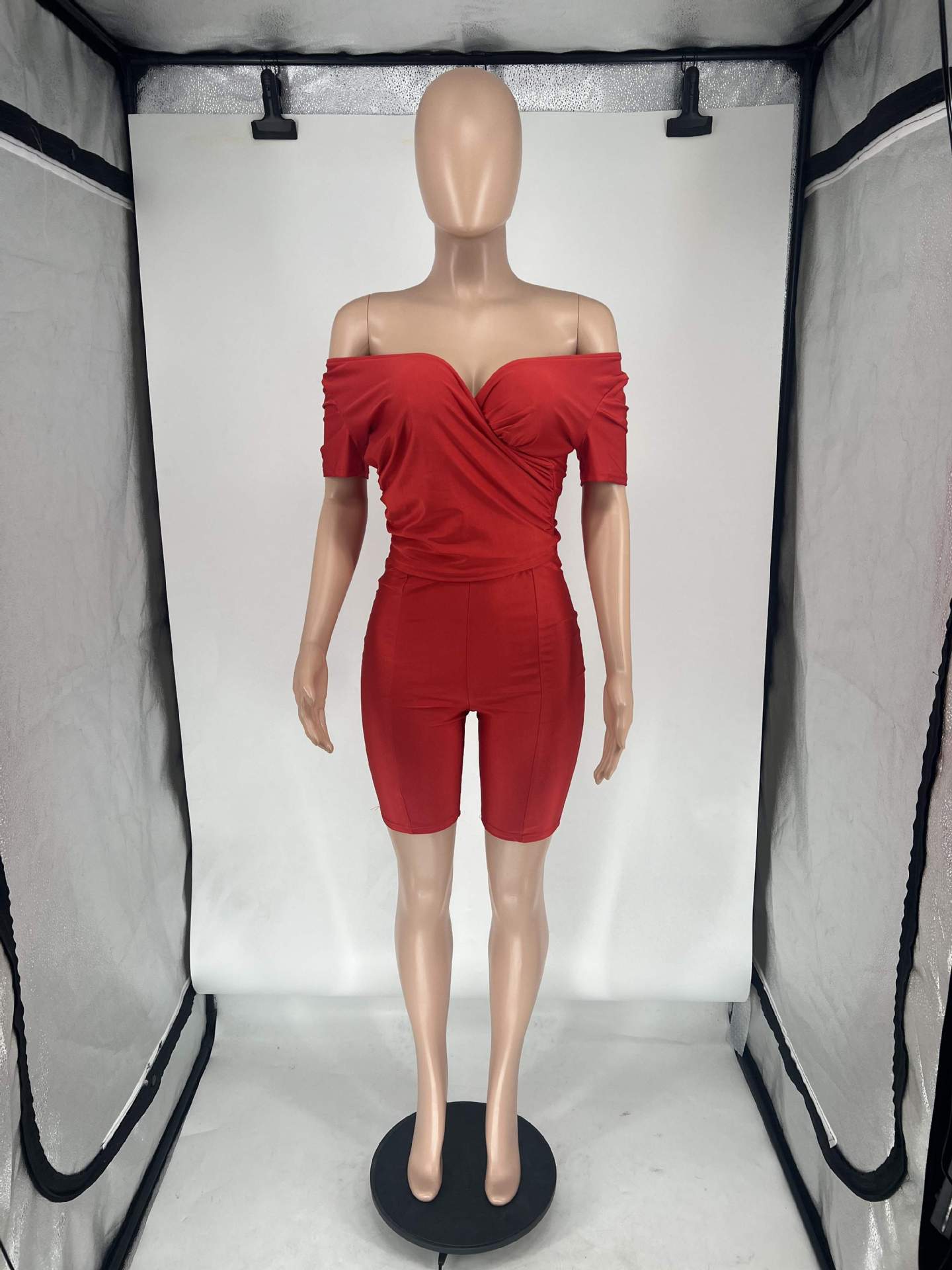 Women's Summer Cross V Neck Short Sleeve Top Elastic Shorts Casual Two Piece Set 22