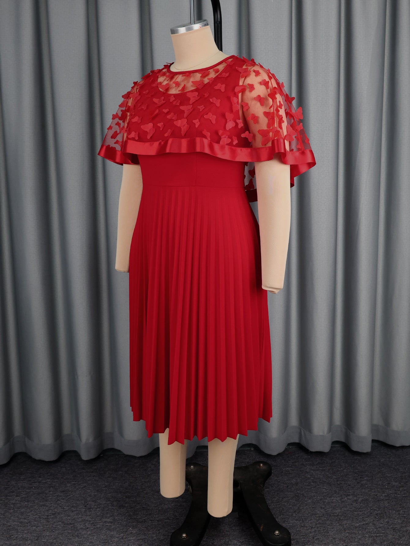 Plus-Size Women Red Patchwork Mesh Bow Shawl Pleated Dress 8
