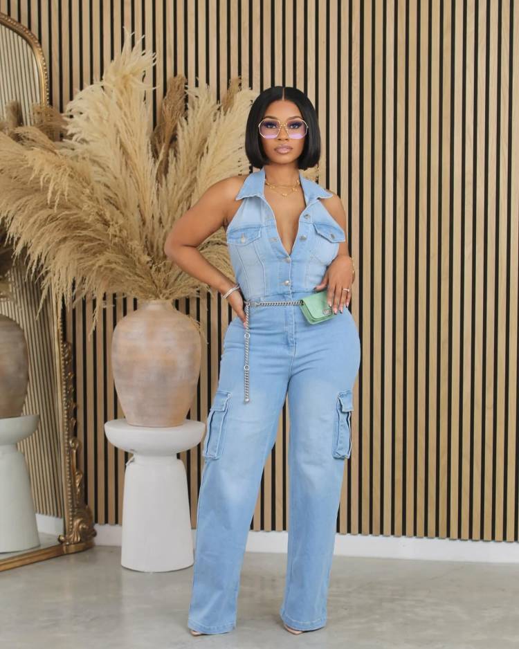 Women Elastic Washed Denim Jumpsuit 3