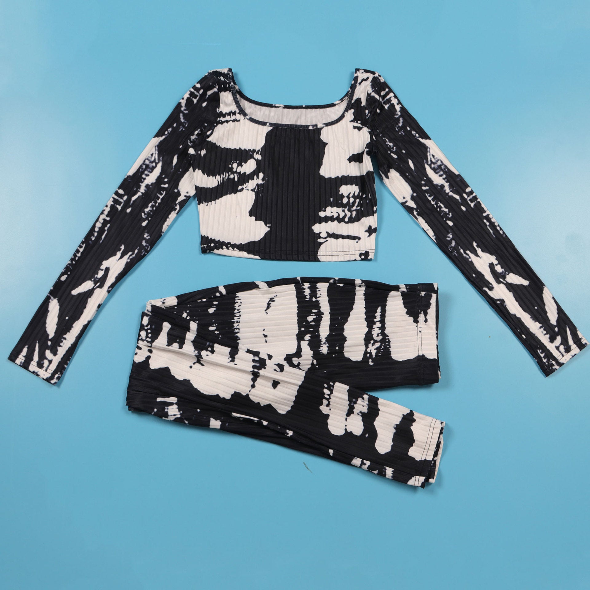 Sexy Printed Slim Fit Stretch Ribbed Two-Piece Pants Set 14