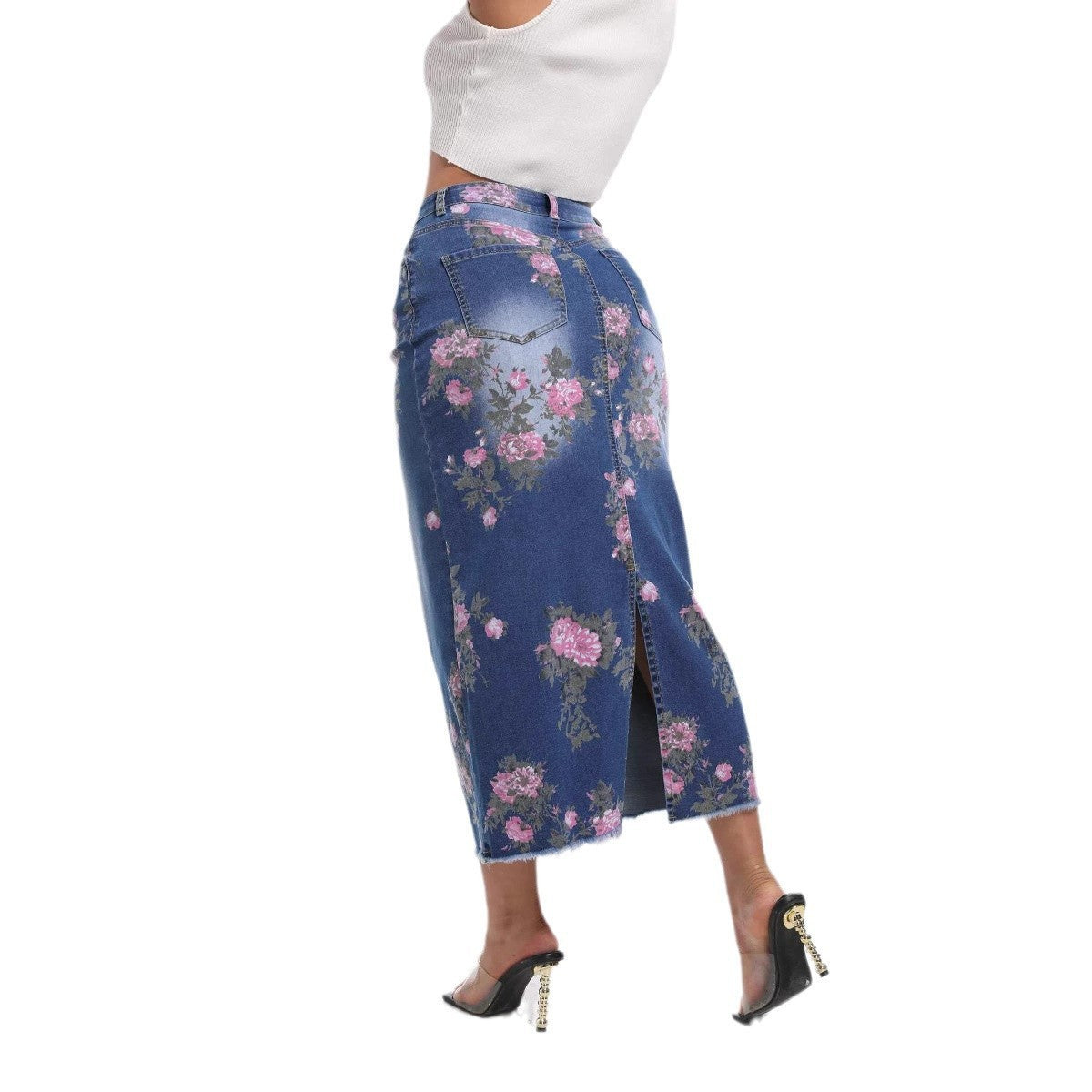 Women Printed Denim Bodycon Skirt 6