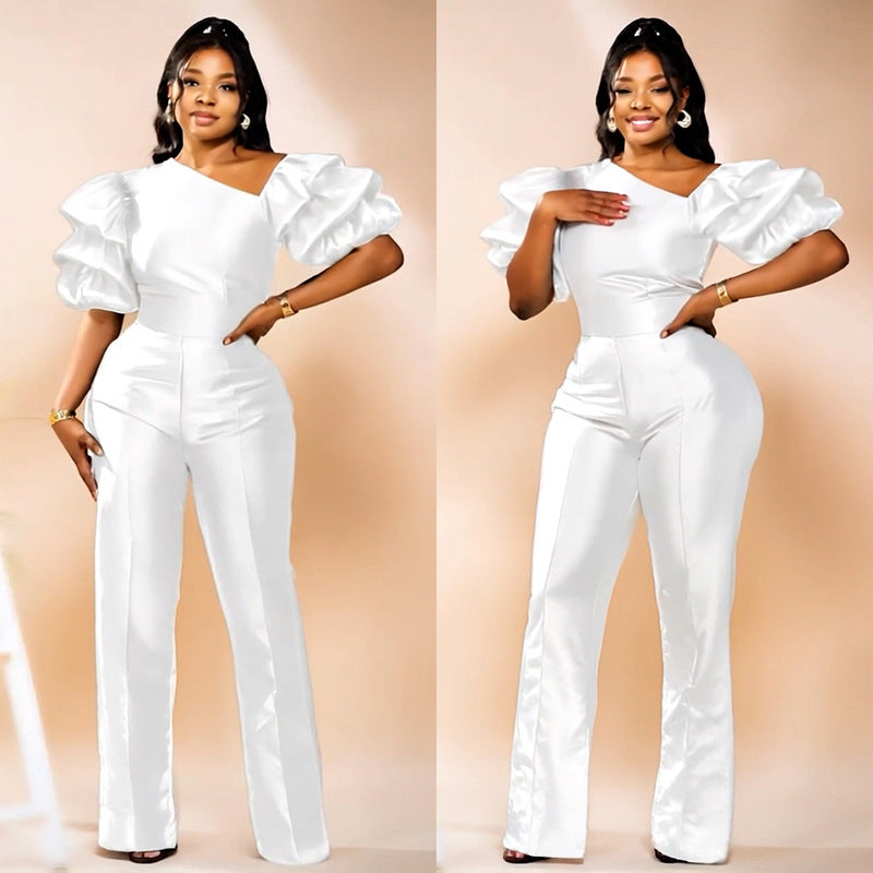 Women Slash Shoulder piled sleeve party Jumpsuit