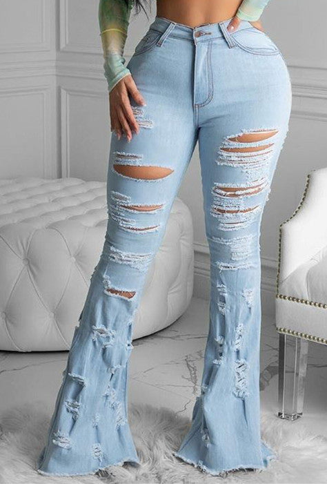 Fall Women Popular Ripped Tassel Bell Bottom Jeans Pants 3