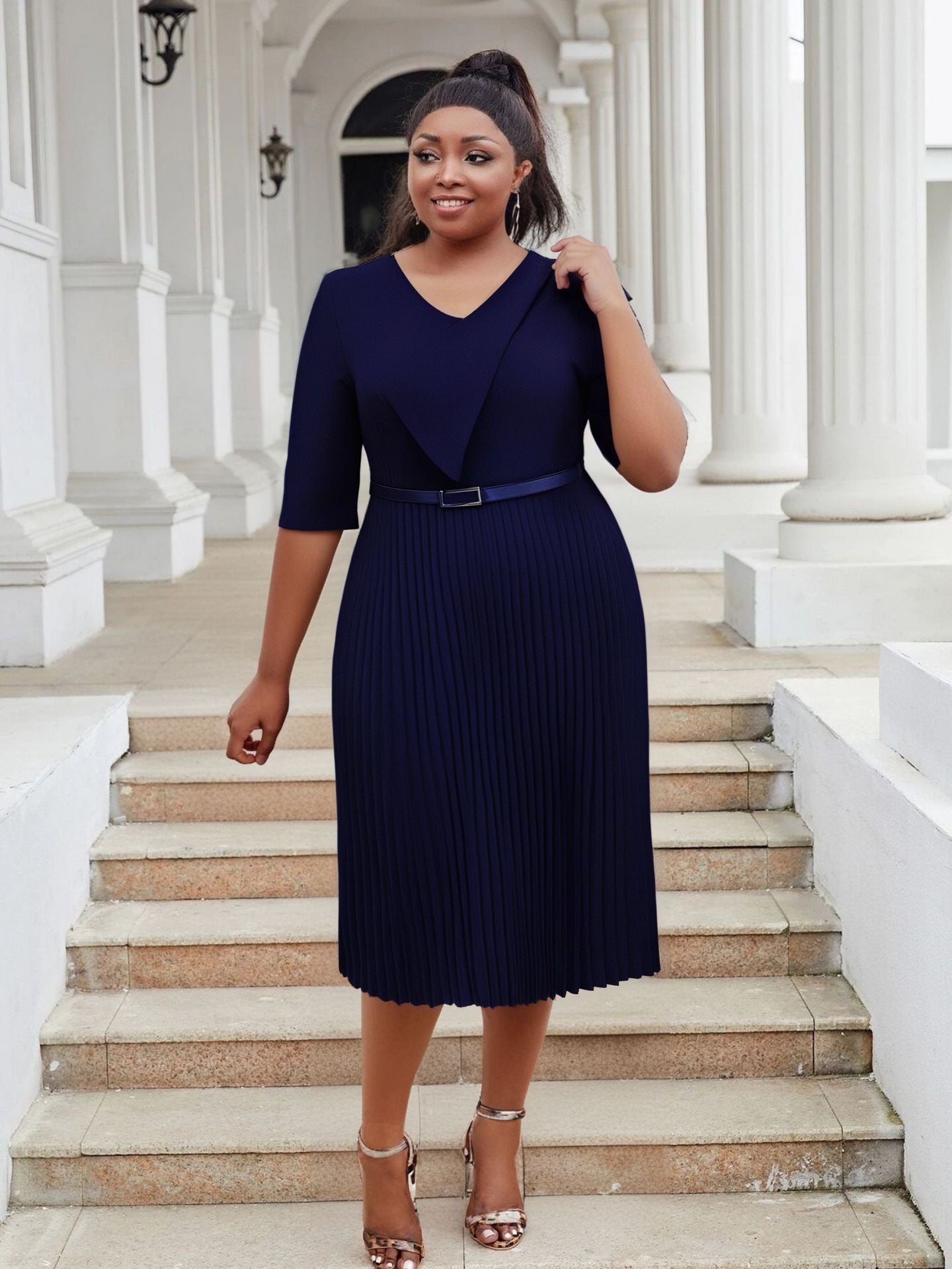 Plus Size fashion Career women's summer fashion Chic V-neck solid color pleated office dress 6