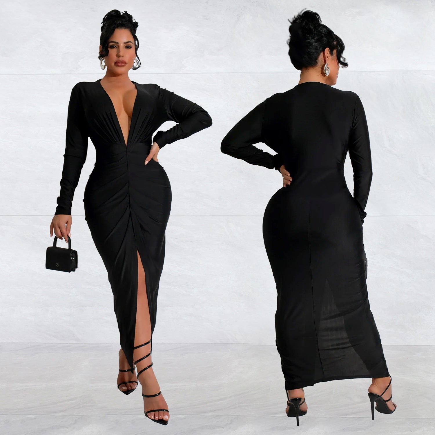 Women V-Neck Slit Solid Dress（customized,MOQ 6pcs/size/color,process time 7-10 days）