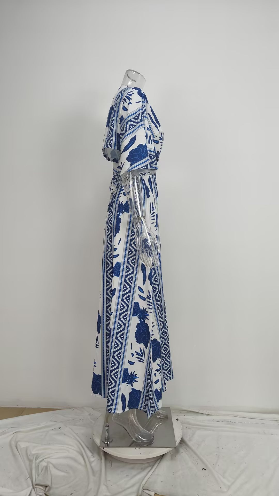 Women Spring Printed Sexy V-Neck Lace-Up Dress 11