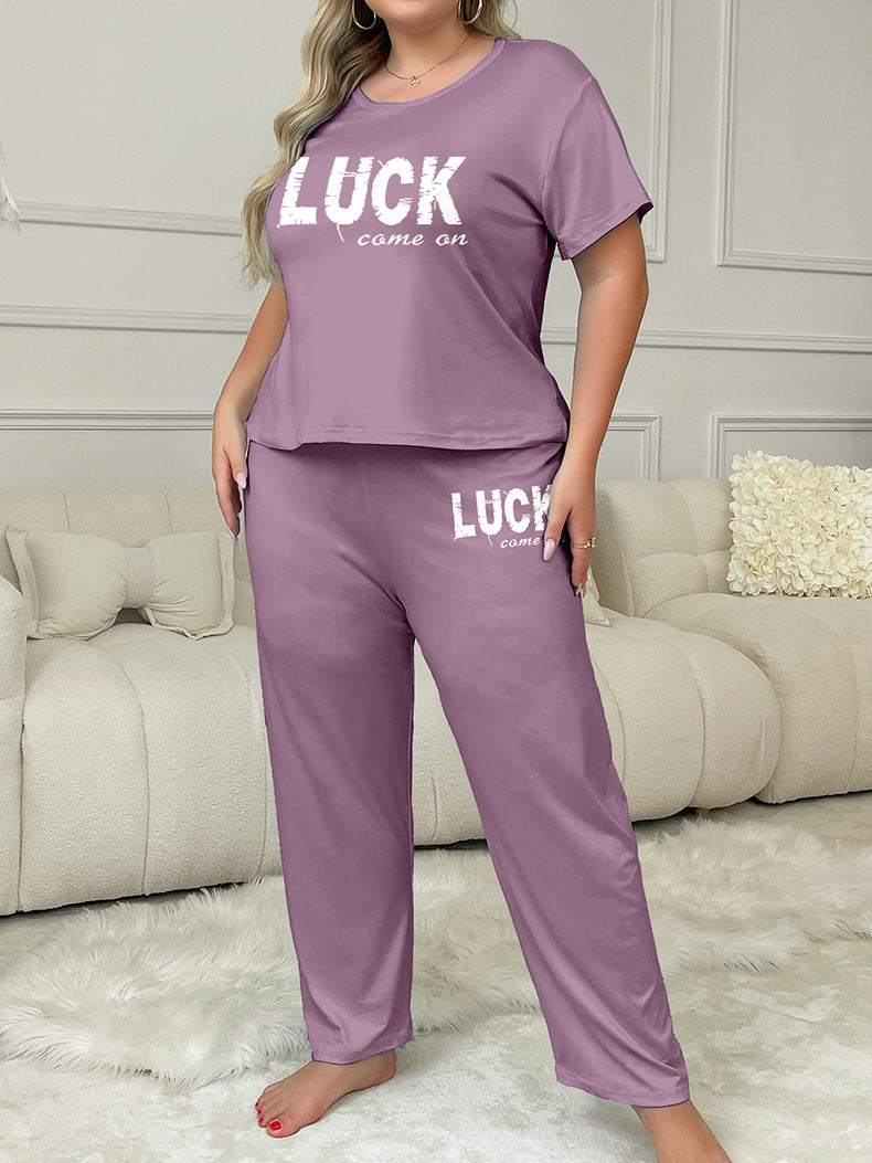 Plus Size Women Spring Summer Printed Short Sleeve T-shirt and Pants Pajama Set 3
