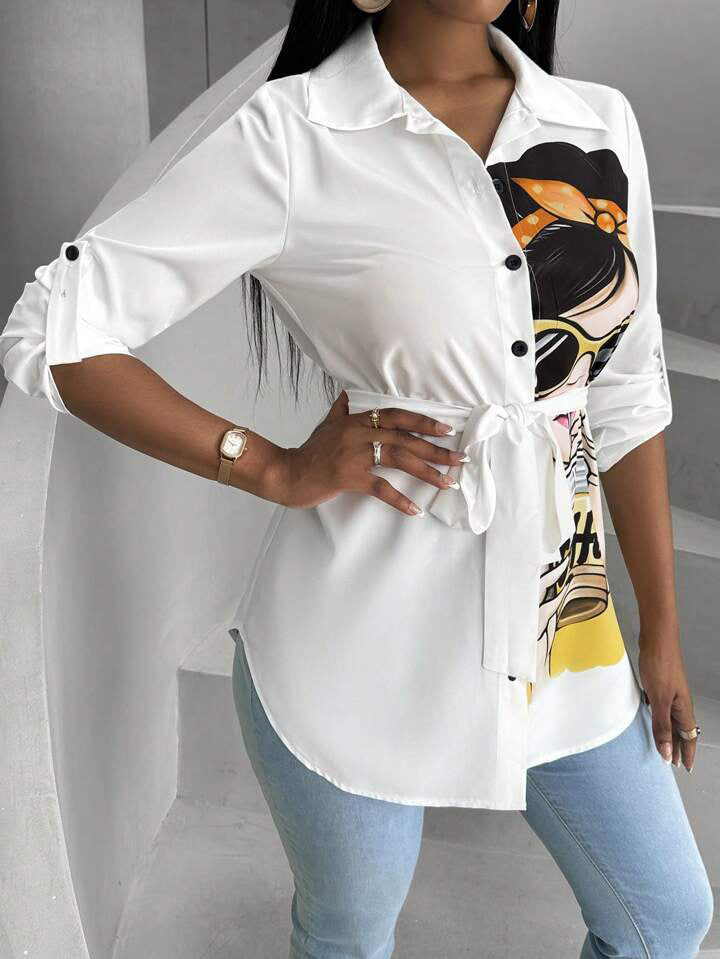 Women cartoon printed shirt (including belt) 4
