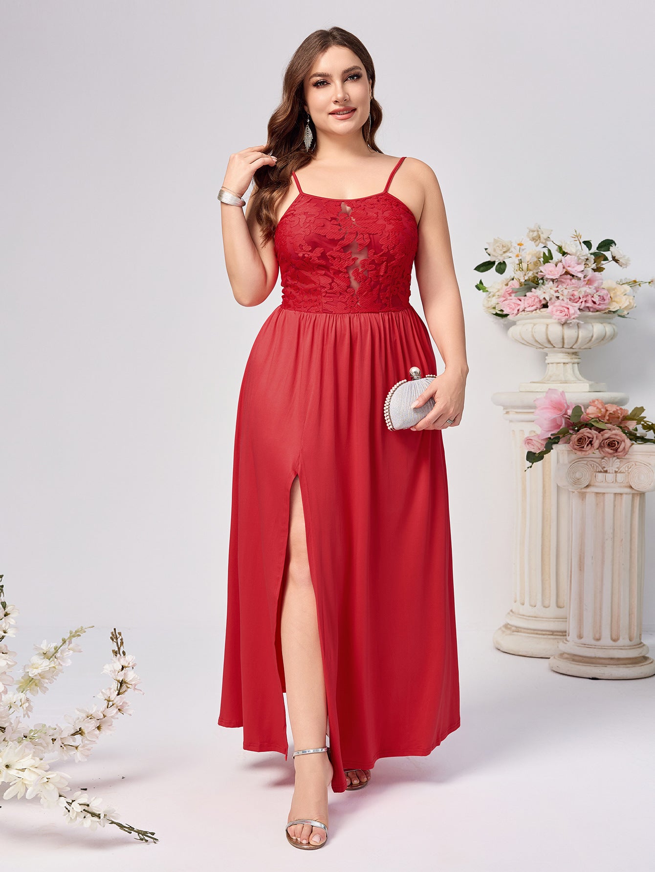 Plus Size Women Suspender Backless Solid Slit Hollow Sexy Dress 8