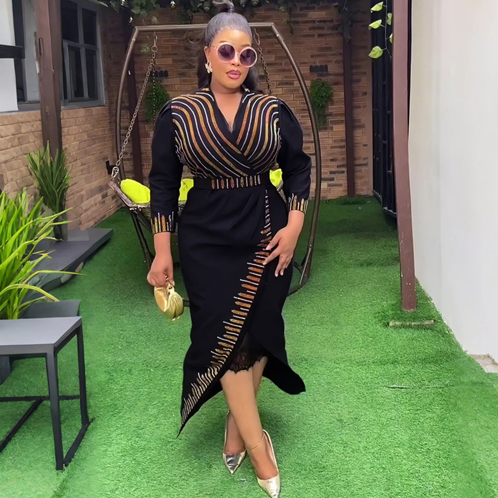 Autumn Women's V-Neck Fashion Chic Africa Plus Size Dress 4