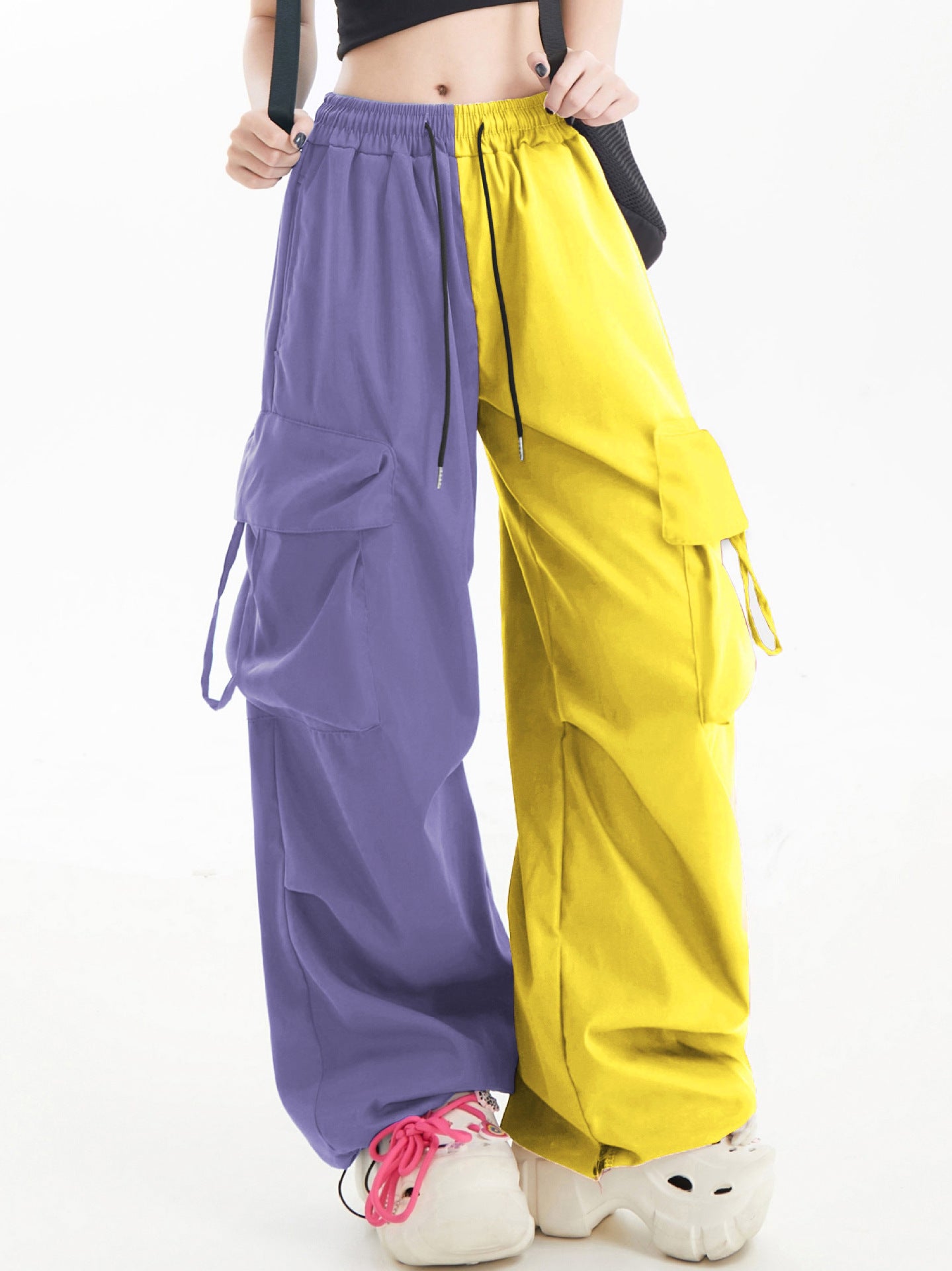American Contrast Color Loose Wide Leg Cargo Pants Hip Hop Color Matching Fashion Casual Sports Trousers for Women 20