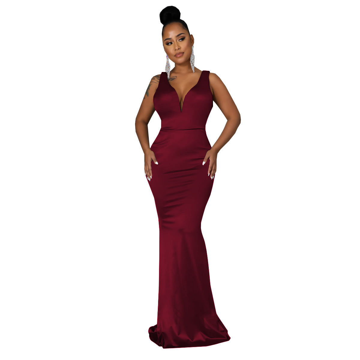 Sexy Fashion Deep V Neck Sleeveless Mermaid Gown Women's Solid Color Evening Dress 16