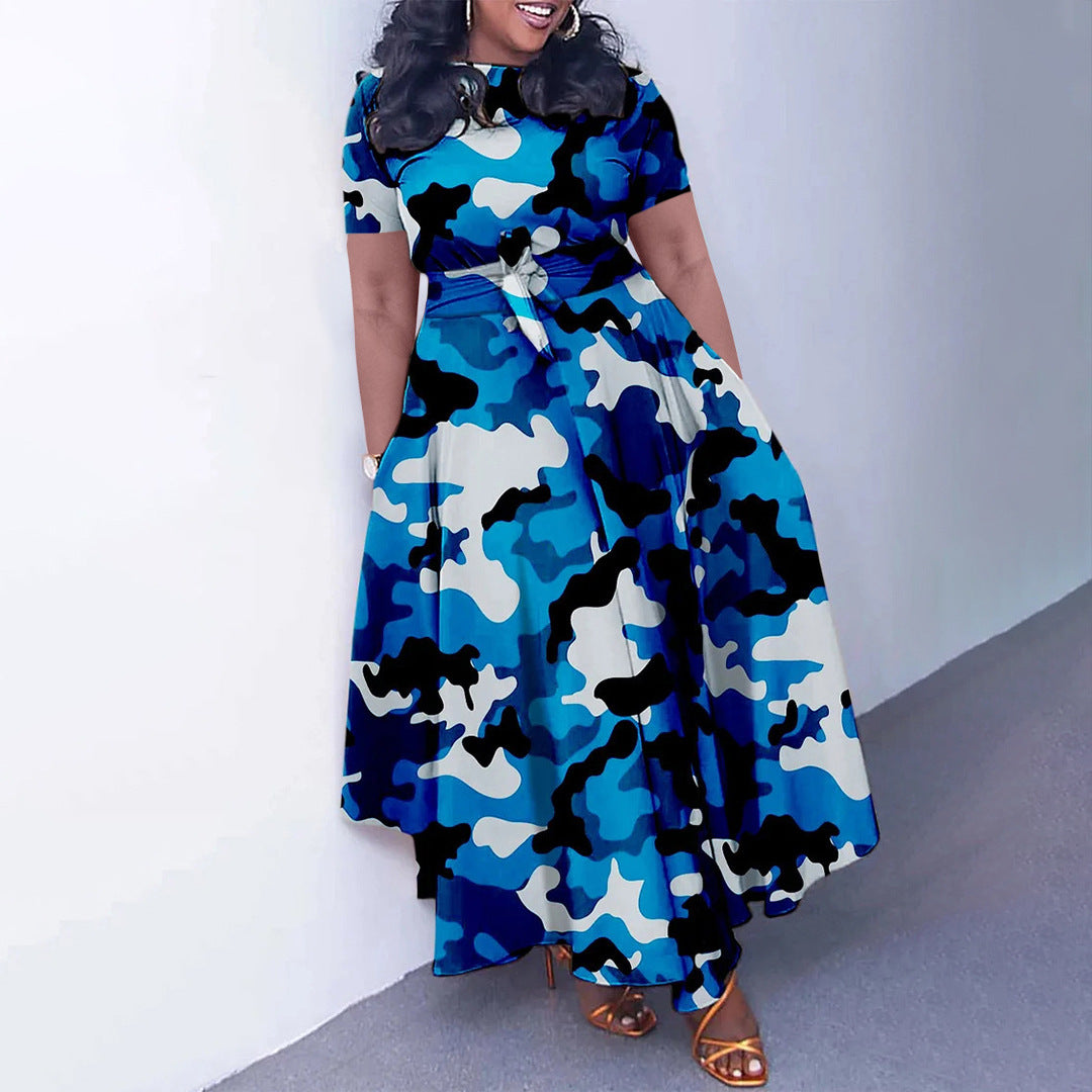 Women's Fashion Chic Tie-Waist African Plus Size Short Sleeve A-Line Dress 12