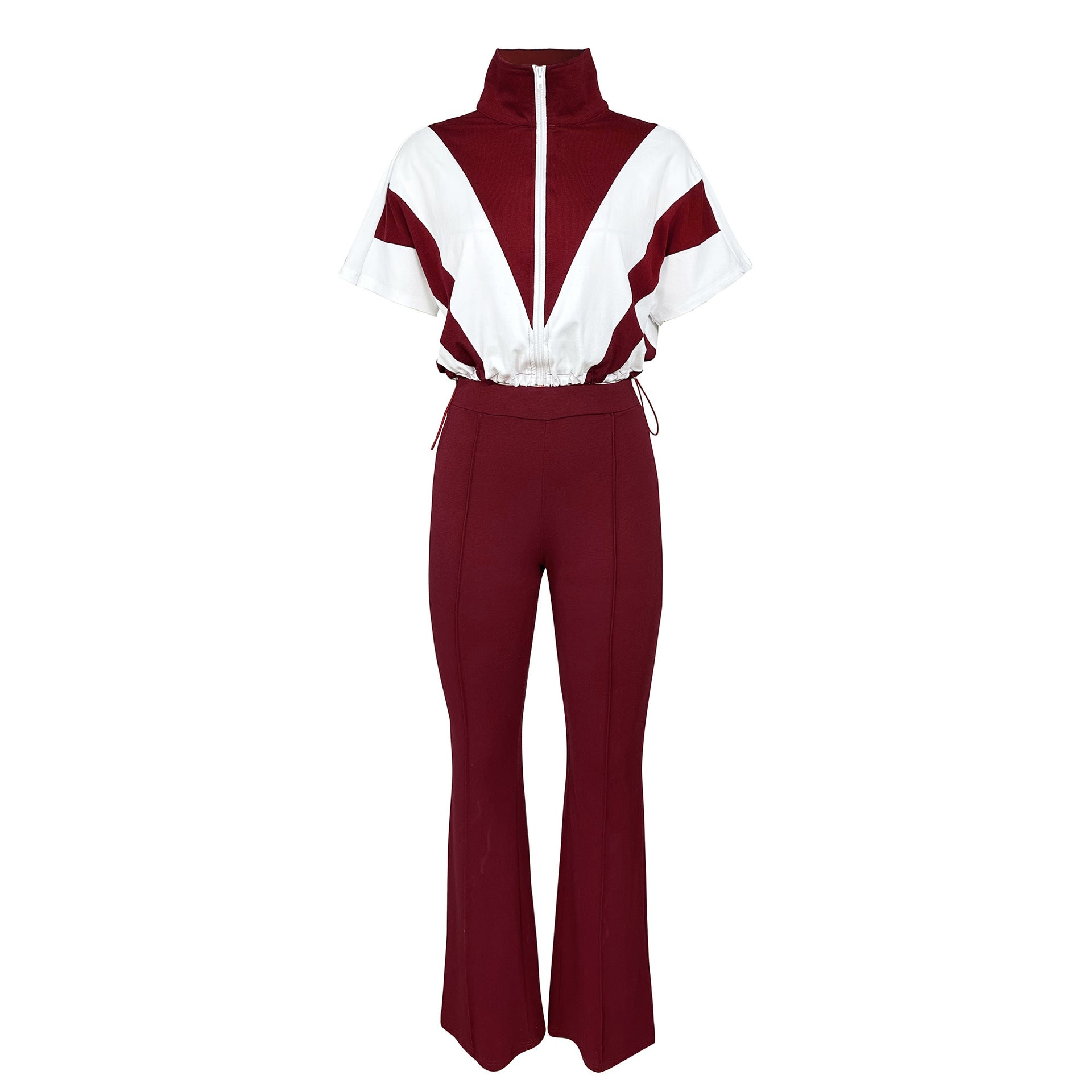 Casual Elastic Slim Waist Color Block Patchwork Sports Two Piece Pants Set for Women 16