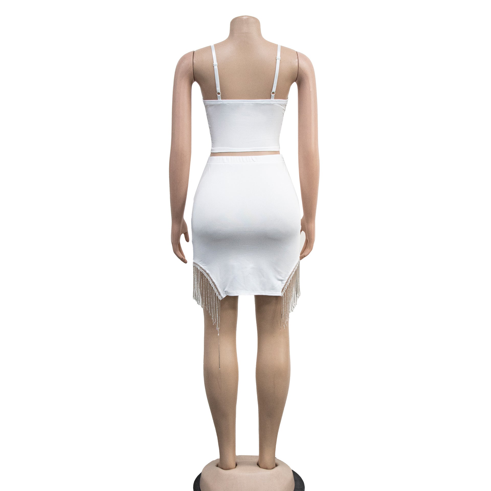 Women's Fashion Beaded Sleeveless Straps Top Tassels Skirt Two-Piece Set 15