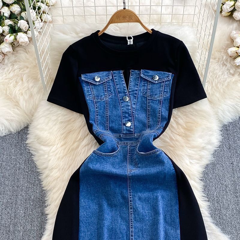 Women Short Sleeve Round Neck Denim Patchwork Casual dress 12