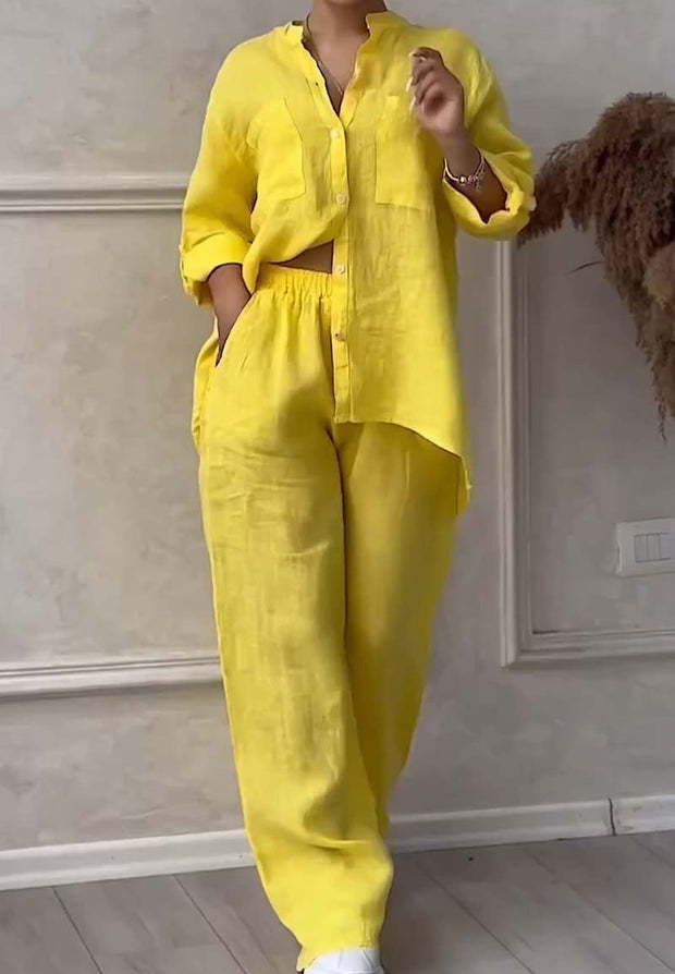 Women Casual Solid Shirt Wide Leg Pants Two Piece Set 4